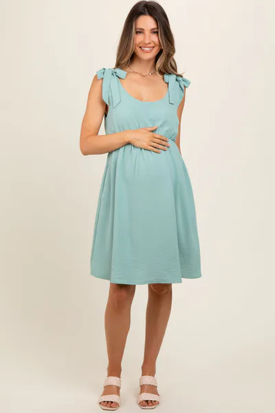 PinkBlush Mint Solid Tie-Shoulder Scoop Neck Maternity Dress