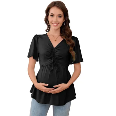 Target Clearlove Pregnancy Top Women's Drawstring Front V Neck Maternity T Shirt Short Sleeve Peplum Blouse Black Medium