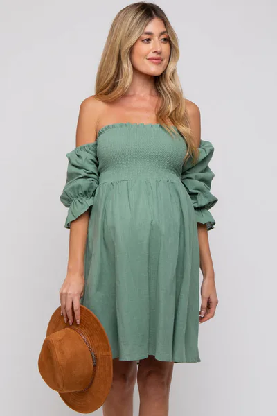 PinkBlush Green Smocked Off Shoulder Long Sleeve Maternity Dress