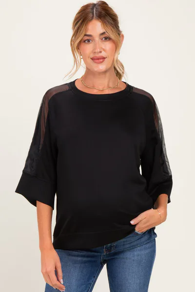 PinkBlush Black Mesh Shoulder Short Sleeve Maternity Top