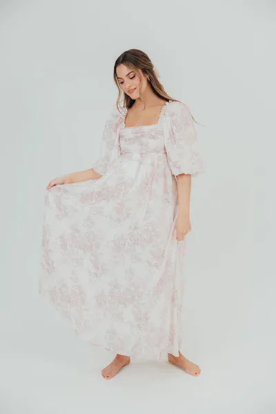 Worth Collective Melody Maxi Dress with Pleats and Bow Detail in Pink Toile - Bump Friendly & Inclusive Sizing (XL-3XL)