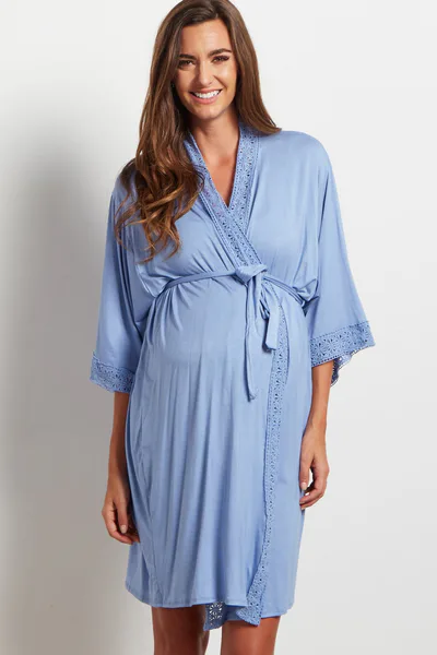 PinkBlush PinkBlush Blue Crochet Trim Delivery/Nursing Maternity Robe