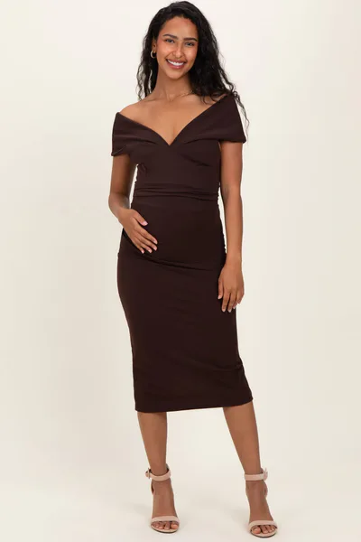 PinkBlush Brown Off Shoulder Fitted Maternity Midi Dress
