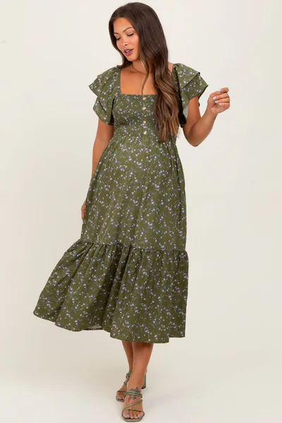 PinkBlush Olive Floral Smocked Flutter Sleeve Maternity Midi Dress