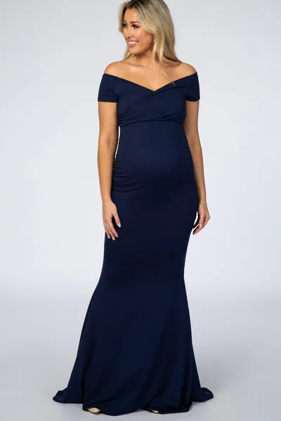 PinkBlush PinkBlush Navy Off Shoulder Wrap Maternity Photoshoot Gown/Dress