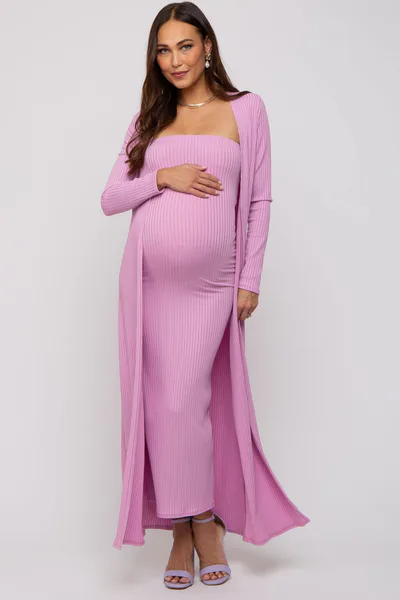 PinkBlush Pink Ribbed Sleeveless Dress Cardigan Maternity Set