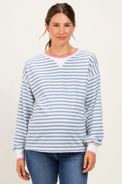 PinkBlush Denim Blue Relaxed Fit Striped Maternity Pullover
