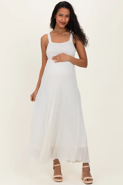 PinkBlush Off White Textured Knit Shoulder Tie Maternity Midi Dress