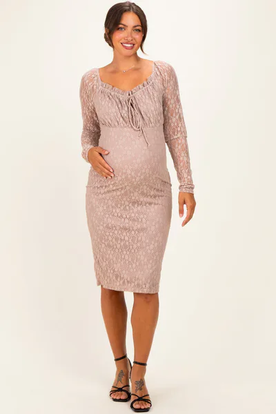 PinkBlush Mocha Lace Long Sleeve Maternity Midi Dress