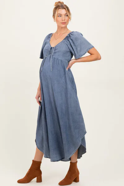 PinkBlush Blue Chambray Cinched Tie Bust Maternity Maxi Dress