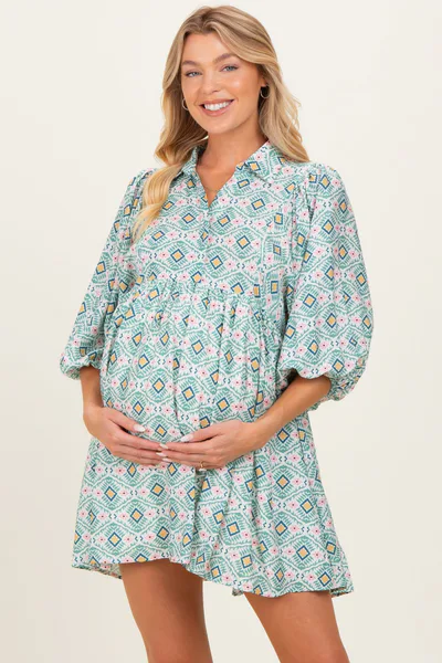 PinkBlush Green Print Collared Balloon Sleeve Maternity Dress
