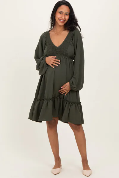 PinkBlush Olive Long Sleeve V-Neck Tiered Maternity Midi Dress