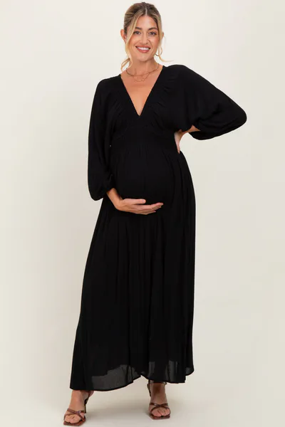 PinkBlush Black Solid Long Sleeve V-Neck Smocked Detail Maternity Maxi Dress