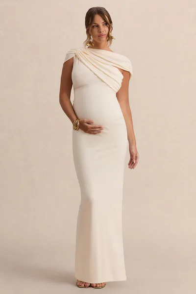 Club L London Eulalia | Cream Asymmetric-Neck Maternity Maxi Dress With Cape Detail