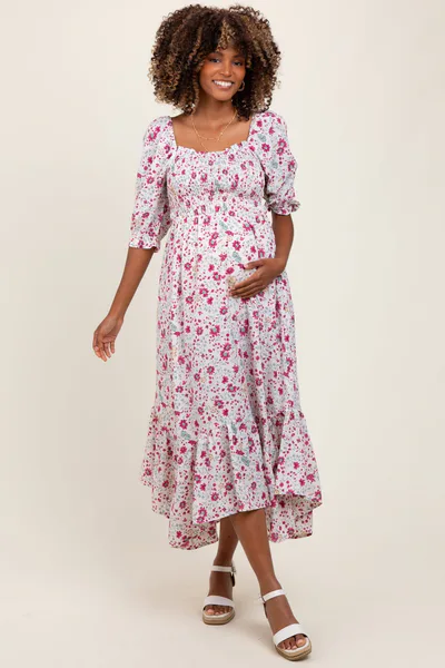 PinkBlush Ivory Floral Smocked Handkerchief Hem Maternity Maxi Dress