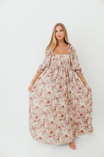 Worth Collective Mona Maxi Dress with Smocking in Pink/Beige Multi Floral - Bump Friendly