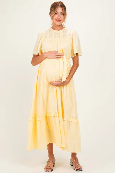 PinkBlush Yellow Swiss Dot Flutter Sleeve Maternity Maxi Dress