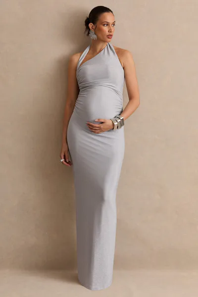 Club L London Sarielle | Silver Metallic Asymmetric-Neck Maternity Maxi Dress