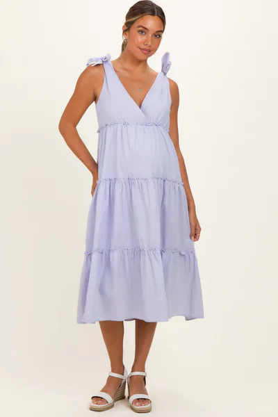 PinkBlush Lavender Tiered Shoulder Tie Maternity Midi Dress