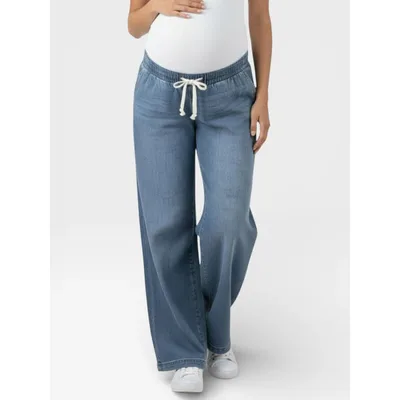 Target Women's Under the Belly Tie Waist Denim Wide Leg Pant - Jane Wash - Size: Large - Motherhood Maternity