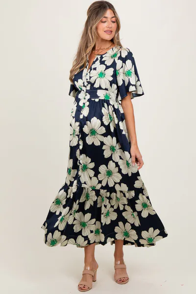 PinkBlush Navy Notched Collar Floral Button Down Maternity Maxi Dress