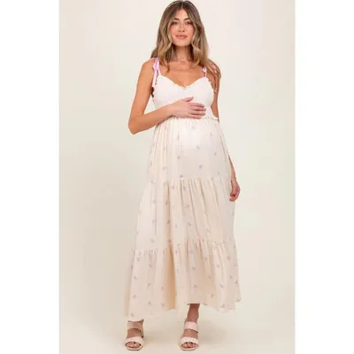Target Pinkblush Cream Embroidered Smocked Shoulder Tie Maternity Maxi Dress Large