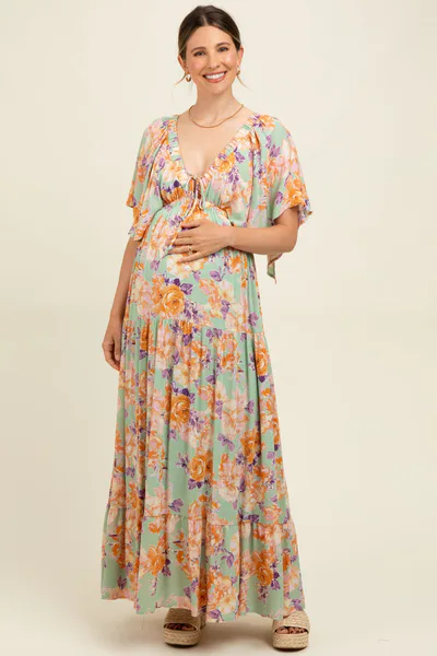 PinkBlush Sage Floral Flyway Sleeve V-Neck Tiered Maternity Maxi Dress