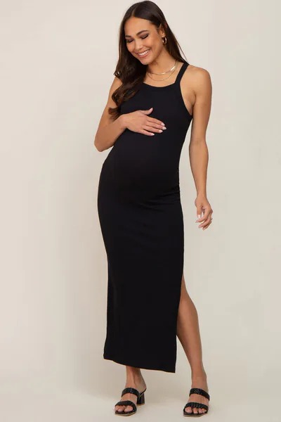 PinkBlush Black Ribbed Fitted Side Slit Maternity Midi Dress