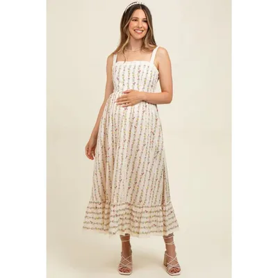 Target Pinkblush Cream Floral Textured Cotton Lace Trim Maternity Maxi Dress Large