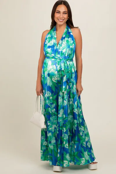 PinkBlush Blue Floral Pleated Halter Maternity Jumpsuit