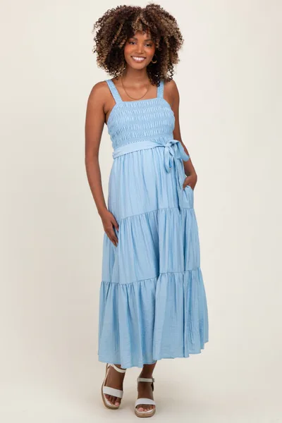 PinkBlush Light Blue Smocked Tiered Maternity Midi Dress