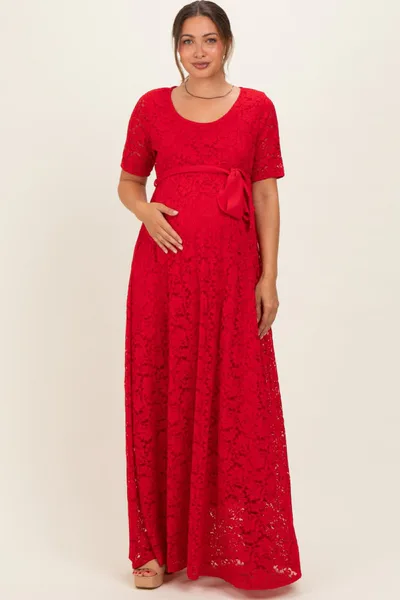 PinkBlush Red Lace Sash Tie Maternity Gown