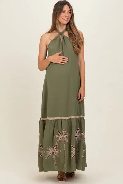 PinkBlush Olive Embroidered Halter Maternity Maxi Dress