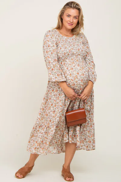 PinkBlush Cream Floral Smocked 3/4 Sleeve Maternity Plus Midi Dress