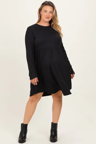 PinkBlush Black Textured Rib Long Sleeve Maternity Plus Dress