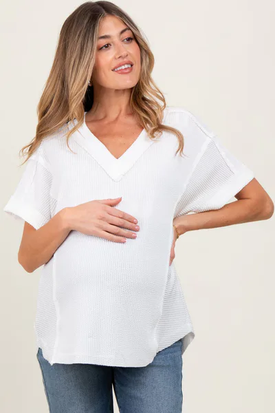 PinkBlush White Ribbed Raw Hem Maternity Short Sleeve Top
