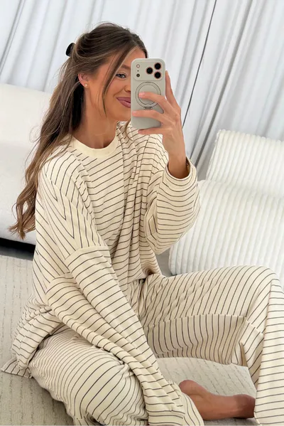 Worth Collective Naomi Striped Fleece Oversized Long Sleeve Top in Cream/Brown (Dark Maroon) - Bump Friendly *9/30 PRE-ORDER*