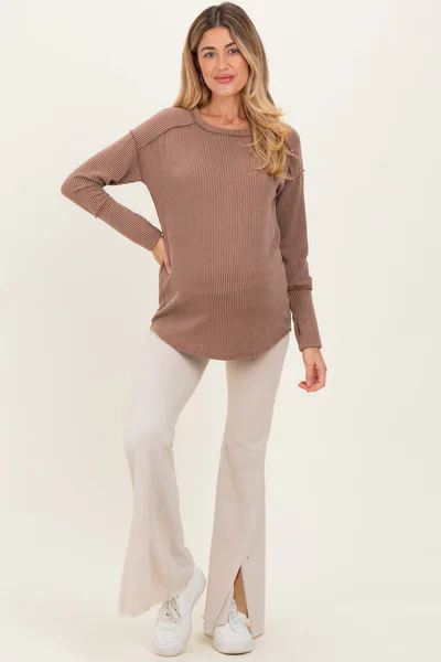 PinkBlush Mocha Textured Rib Thumb Hole Maternity Long Sleeve Top