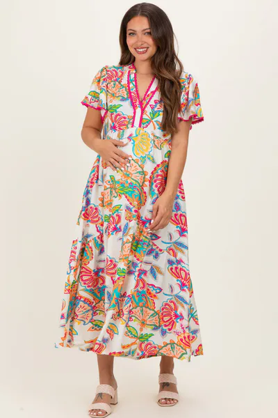 PinkBlush Cream Boho Print Lace Trim Tiered Maternity Midi Dress