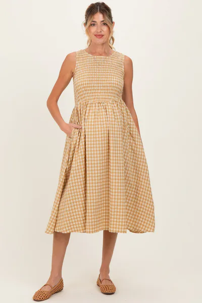 PinkBlush Yellow Gingham Smocked Sleeveless Maternity Midi Dress