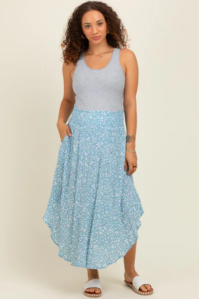 PinkBlush Blue Floral Smocked Waist Round Hem Maternity Midi Skirt