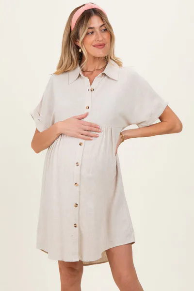 PinkBlush Sand Dolman Sleeve Linen Maternity Shirt Dress