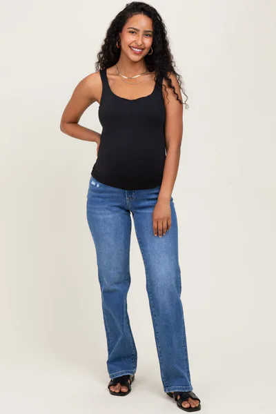 PinkBlush Blue  Mid Rise Full Length Straight Leg Maternity Jeans