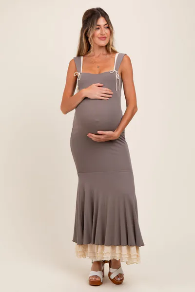 PinkBlush Taupe Knit Tie Detail Sleeveless Mermaid Maxi Maternity Dress