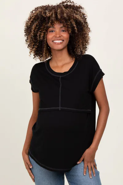 PinkBlush Black Double Layer Short Sleeve Maternity Nursing Top