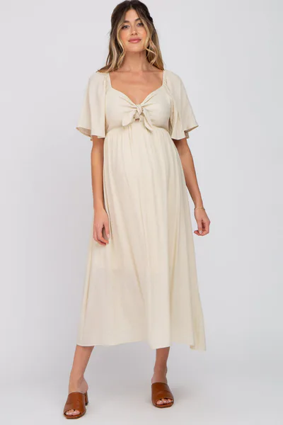 PinkBlush Beige Front Tie Ruffle Sleeve Maternity Midi Dress