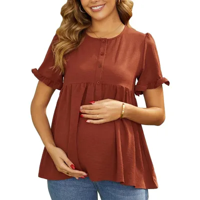 Target INSPIRE CHIC Women's Maternity Casual Round Neck Ruffle Sleeve Button Up T-Shirts Babydoll Loose Fit Peplum Tops Large Brown