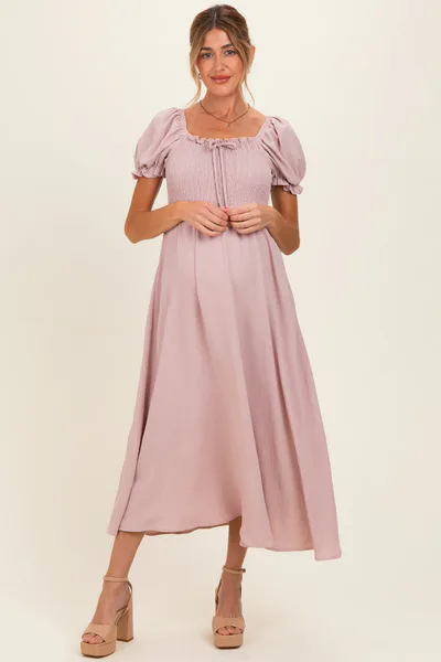 PinkBlush Mauve Square Neck Puff Sleeve Maternity Midi Dress