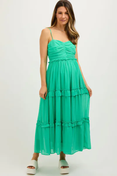PinkBlush Green Sleeveless Pleated Ruffle Tiered Maternity Midi Dress