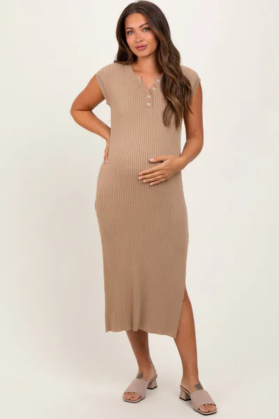 PinkBlush Mocha Ribbed Knit Button Up Sleeveless Maternity Midi Dress